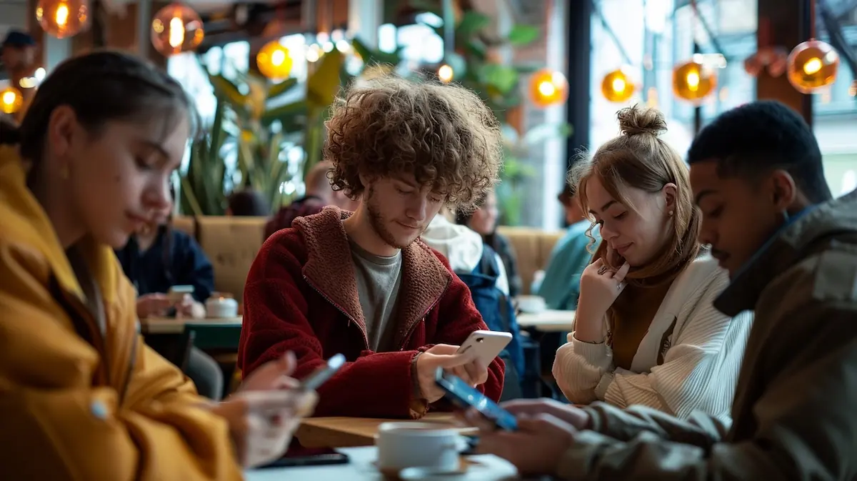 aliexpress-app-friends-cafe-16-9.jpg AliExpress App, group of friends using smartphones in modern cafe