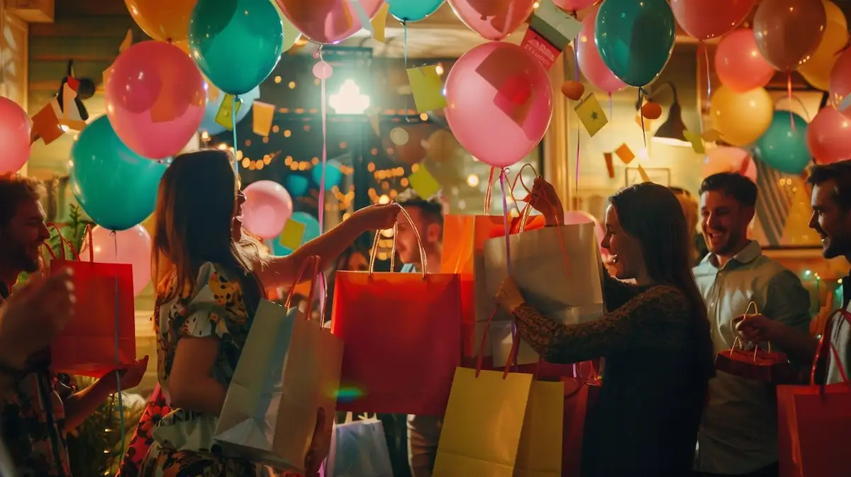 aliexpress-birthday-party-16-9.jpg AliExpress Birthday, people celebrating with shopping bags in festive room