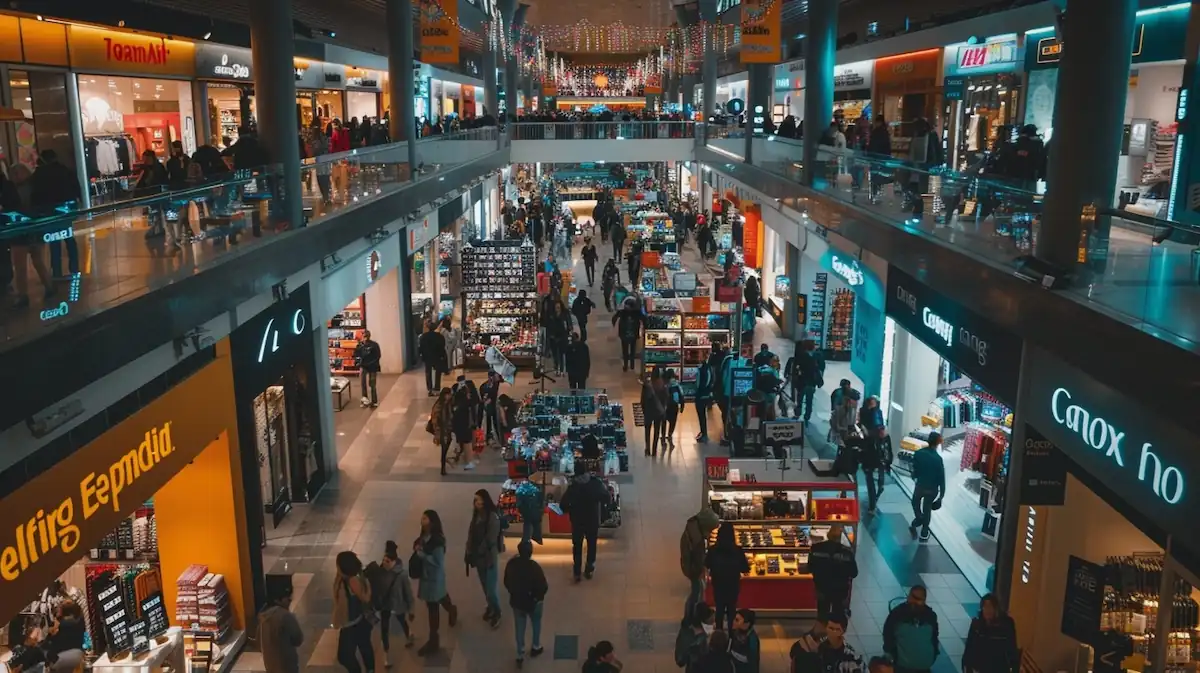 aliexpress-black-friday-mall-interior-16-9.jpg AliExpress Black Friday, crowded mall with shoppers and sale banners