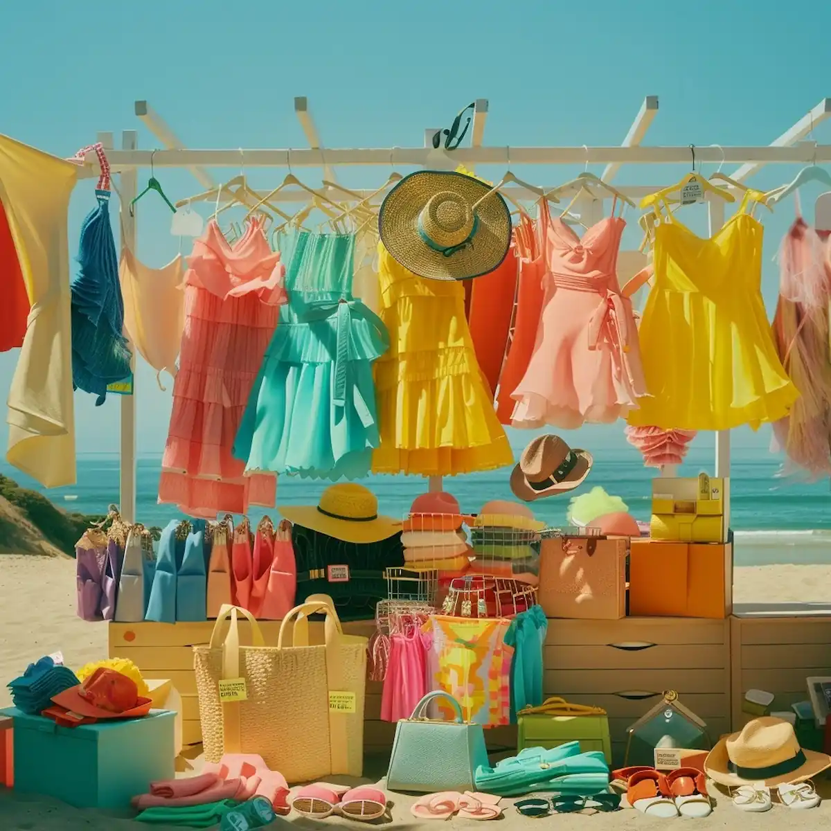 aliexpress-summer-sale-beachwear-1-1.jpg AliExpress Summer Sale, display of beachwear and accessories with sale tags