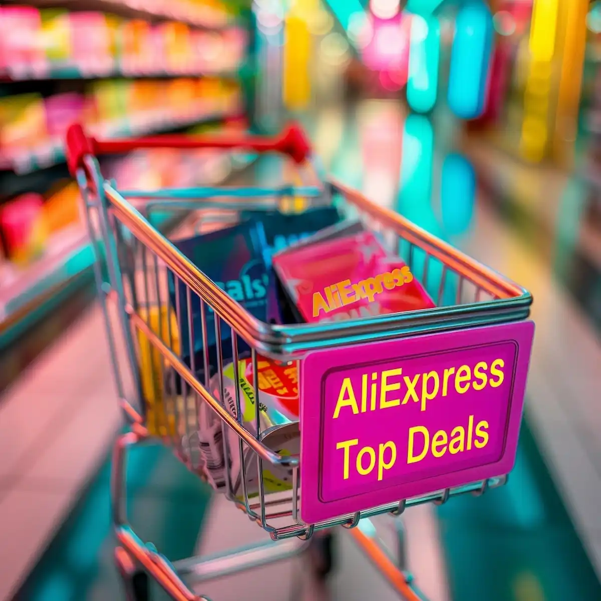 aliexpress-top-deals-shopping-cart-1-1.jpg AliExpress top deals, shopping cart with discounted items in store aisle