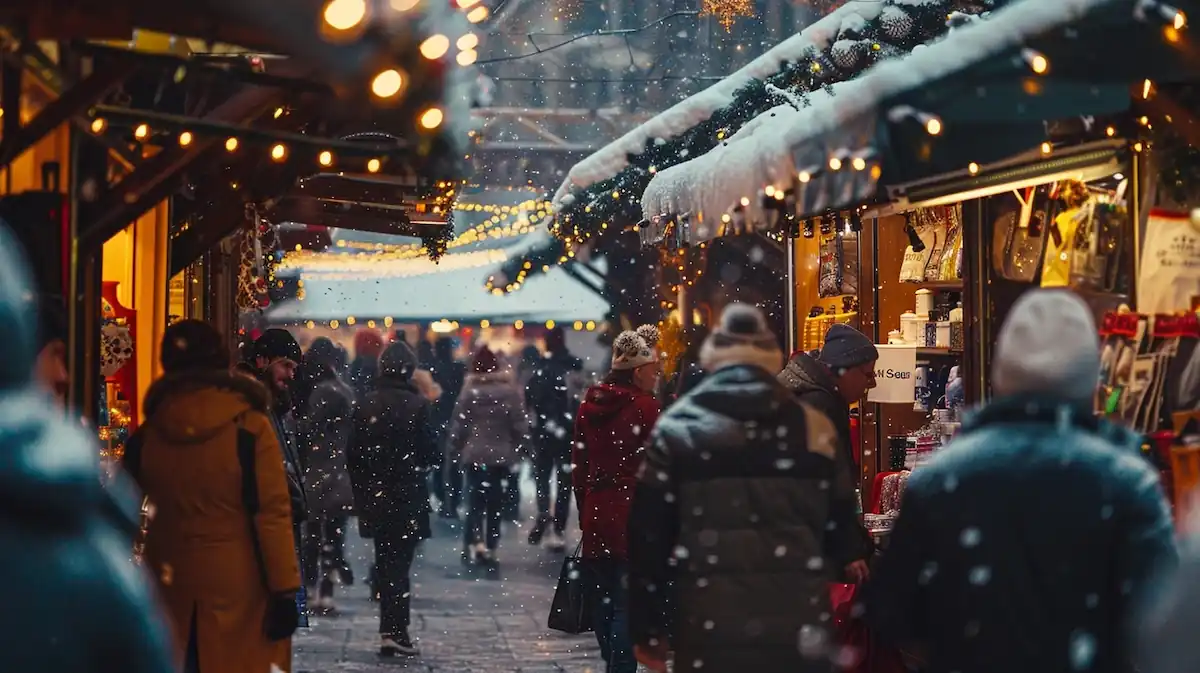 aliexpress-winter-sale-market-16-9.jpg AliExpress Winter Sale, festive winter market with shoppers and decorations