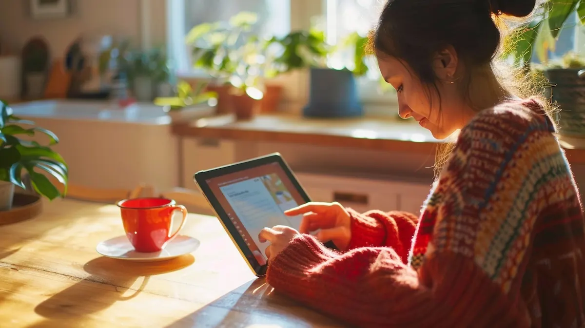 install-aliexpress-app-tablet-16-9.jpg Install AliExpress app, person installing app on tablet at kitchen table