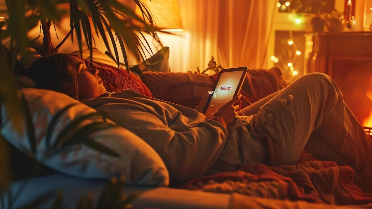 aliexpress-app-registration-sofa-16-9 AliExpress app registration, person registering on tablet on a cozy sofa